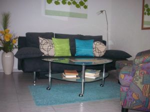 Couch ist ausklappbar auf 1,55 m
mit Federkern - Bild 5: Ferienapp. 45qm bis 3Pers. Radolfzell a. Bodensee ebenerd. 60-80 € zu verm.