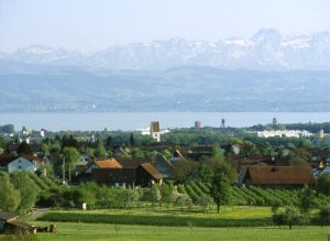 Von dem schönen Aussichtspunkt auf dem Horrach hat man eine tolle Aussicht über Ailingen, Friedrichshafen, dem Bodensee bis zu den weißverschneiten Schweizer Bergen. Und am Ortsrand liegt unsere schönen Hof (erst der zweite auf dem Bild). - Bild 9: Ferienhof Katzenmaier - Bauernhofurlaub am Bodensee für die ganze Familie