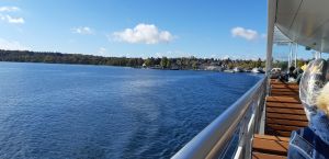 von der Bodensee Fähre aus sehen Sie links das nahe der Ferienwohnung gelegene naturnahe Bodenseeufer. Dort gibt es sehr weitläufige Liege- & Badewiesen mit viel Platz zum Sonnen, Baden & Spielen, sowie einen schönen Uferweg zum Spazierengehen Richtung Fähre oder Richtung Freibad Horn. - Bild 9: Ferienwohnung "Seeblick-Konstanz" nur 300 Meter zum Bodenseestrand